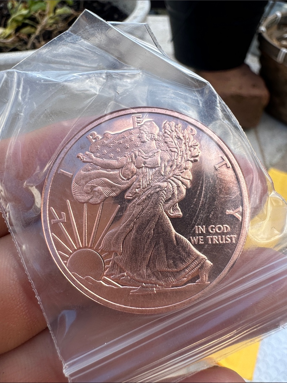 Copper Finish Liberty Walking Coin Accent - Copper Color